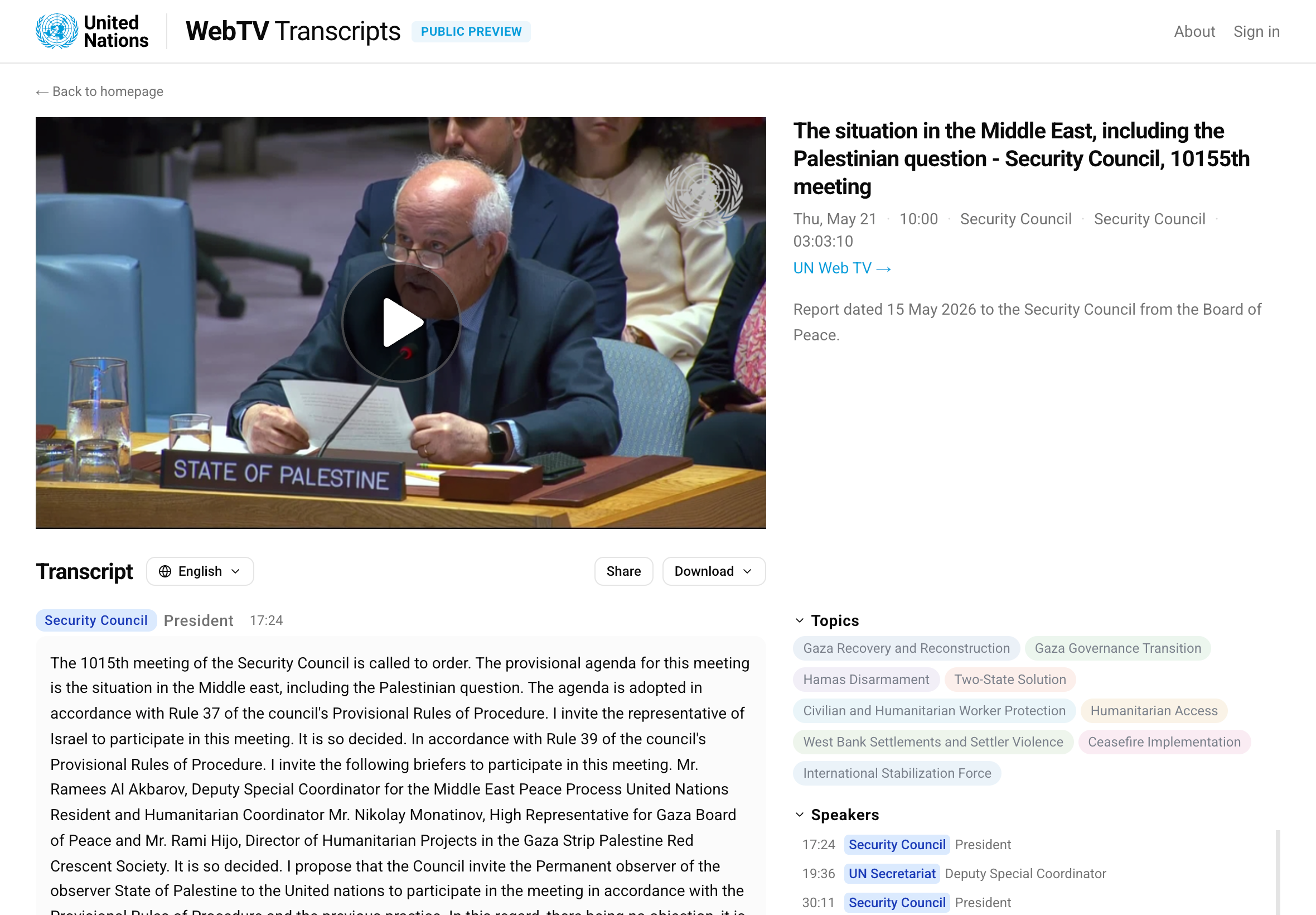 UN WebTV Transcripts screenshot